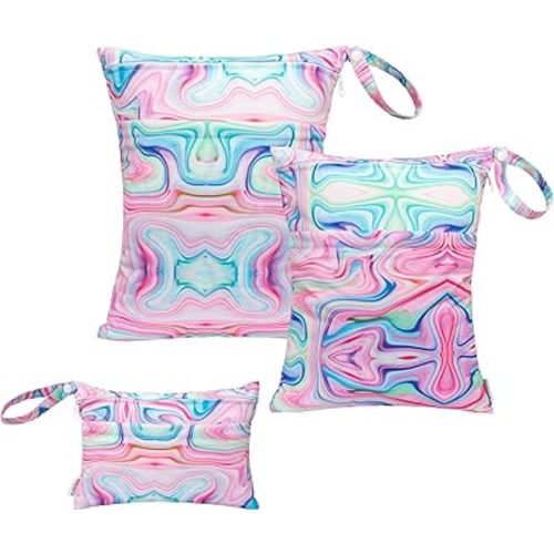 ALVABABY 3pcs Baby Cloth Diaper Wet/Dry Bags|Waterproof Reusable with Two Pockets|Travel, Beach, Pool, Daycare, Soiled Baby Items,Yoga,Gym Bag for Swimsuits or Wet Clothes Pink impression 3L-BS04