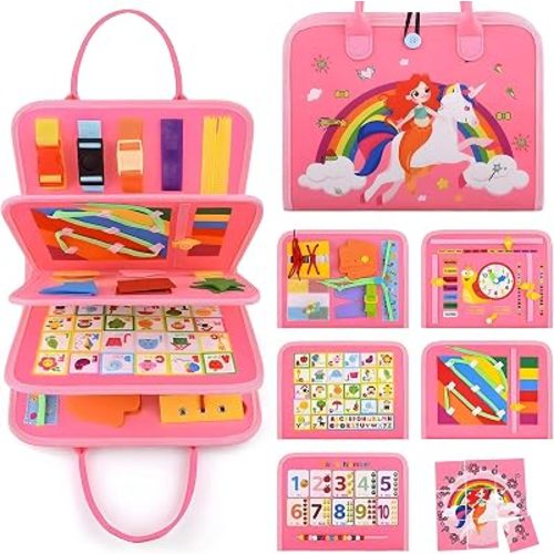 Busy Board for Toddlers 1-3 Sensory Busy Book for 1+ Year Old Boys Girls Montessori Learning Activity Books Birthday Christmas Toddler Gift (Pink)
