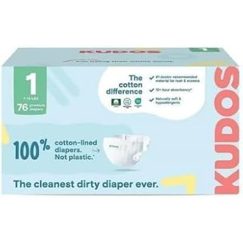 Kudos Chlorine Free Premium Diapers, Cotton-Lined, Size 1, 76 Count, 7-12 lbs