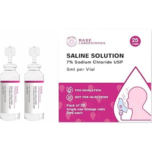 BASE LABORATORIES 7% Saline Solution for Nebulizer Machine | Saline Solution for Inhalation & Nasal Irrigation | High 7% Concentration l 25 Vials 5ml Unit Dose