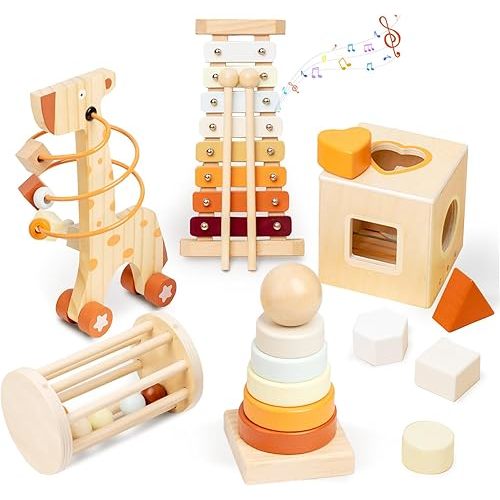 Wooden Montessori Toys for Toddlers 1-3,Baby 12-18 Months Educational Object Permanence Box for Xylophone,Shape Sorting Cube,Stacker Ring,Rattle,Boy Girl Preschool Sensory Developmental Gift