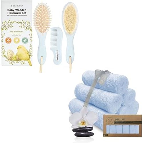KeaBabies Baby Hair Brush and Baby Comb Set & Baby Washcloths - Wooden Baby Brush with Soft Goat Bristle - Bamboo Viscose Baby Towels and Washcloths