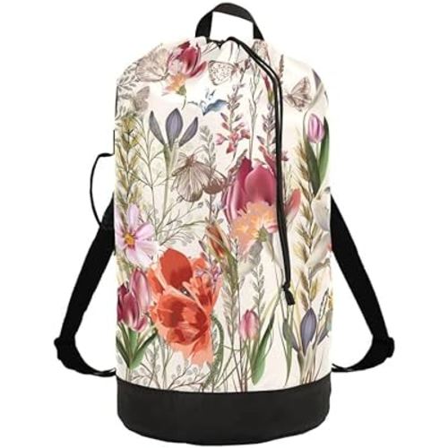 VIGTRO Laundry Bag Backpack Hamper Basket Large Heavy Duty Summer Flower Plant Printed, Dirty Clothes Organizer with Shoulder Straps Tags for College Dorm Room Apartment Travel Gym Hotel