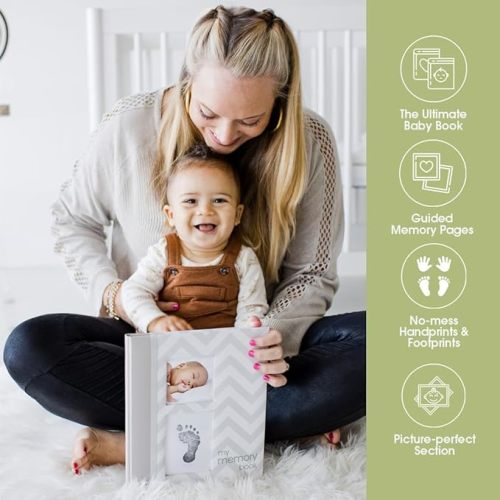 Pearhead Baby Memory Book, First 5 Years Baby Milestone Book, Pregnancy Journal, Newborn Baby Girl or Baby Boy Keepsake, With Clean-Touch Ink Pad For Baby's Handprint or Footprint, Gray Chevron - Gray Chevron Babybook