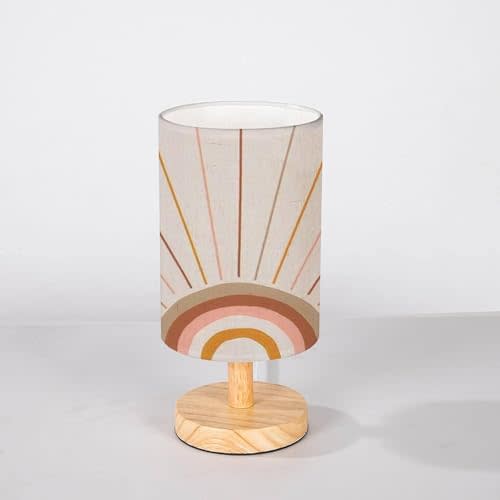 Minimalist Bedside Table Lamp Boho Magic Rainbow Sun and Rays Background Trendy Abstract Geometric Solid Wood Nightstand Lamp Bedside Desk Lamp Wood Base Flaxen Fabric Shade for Bedroom Living Room