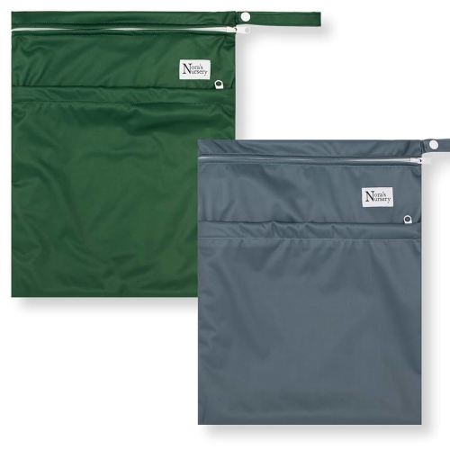Nora's Nursery Wet Dry Bags with Two Zippered Pockets - Reusable and Washable Wet Bag for Swimming, Travel, Beach, Pool, Daycare, Cloth Diapers, Toiletries and Swimsuits - 11x15 - Forrest - 2 Pack