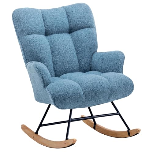 Zedachica Rocking Chair Nursery Teddy Upholstered Glider Rocker Rocking Accent Chair Padded Seat with High Backrest Armchair Comfy Side Chair for Living Room Bedroom Offices (Light Blue Teddy)