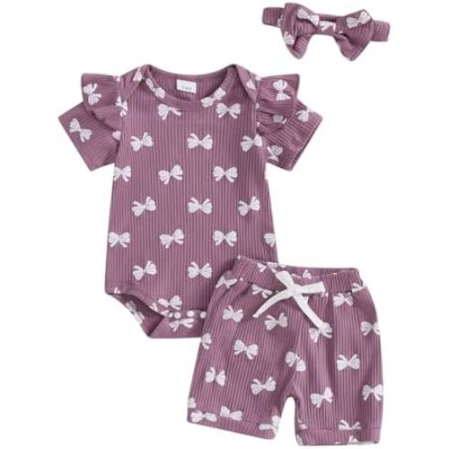 Newborn Baby Girl Clothes Summer Knit Ribbed Floral Print Short Sleeve Romper Shorts Headband Outfit Set