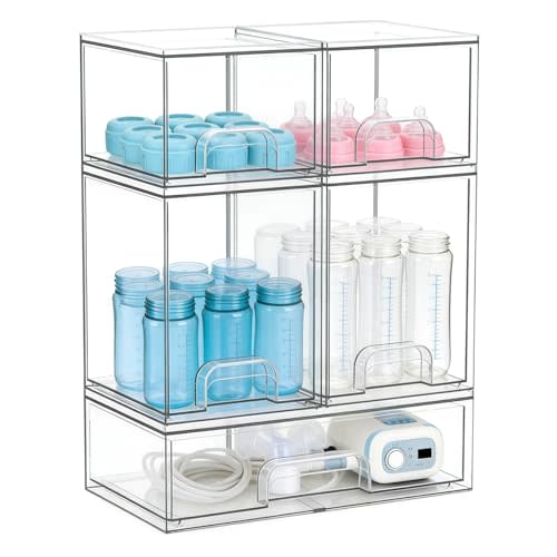 Gajiuhon Baby Bottle Organizer, Large Capacity Stackable Acrylic Storage with Non-Slip Pads, for Baby Bottles, Pump Parts, Kitchen Countertop, Pantry, Vanity, 5-Piece