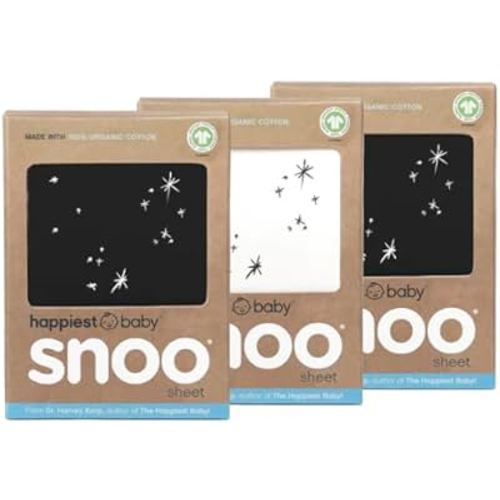 Happiest Baby SNOO Bassinet Fitted Sheet - 100% Organic Cotton Nursery Bedding - Fits SNOO Sleeper Crib Mattress - 3-Pack Bundle (Black (2), Ivory Stars (1))