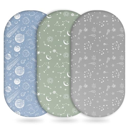 Unnivoll Baby Bassinet Sheets Girl Boy, Fitted Bassinet Sheet Set 3 Pack Bassinet Mattress Sheets Universal Fit for Rectangle, Round, Oval, Hourglass Mattress, Soft Breathable Green Gray Constellation