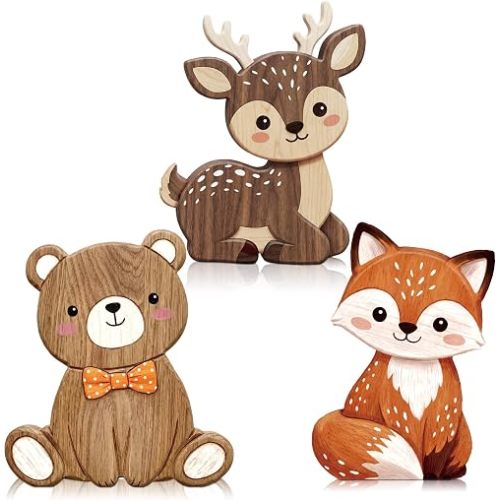 DoubleFill 3 Pcs Woodland Animal Figurines Table Decor Baby Shower Decorations Wooden Fox Forest Birthday Decoration Centerpieces for Tables Nursery Animal Decor Home Mantle Office Party Supplies