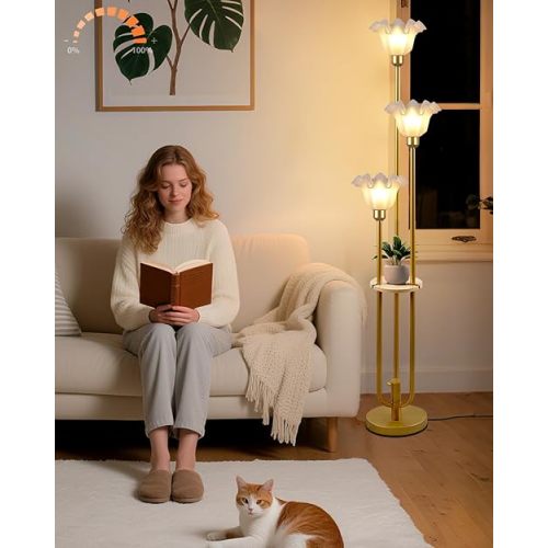 Lightdot Flower Floor Lamp for Living Room, Dimmable Vintage Floor Lamp with Shelf &3 LED Bulbs, 3 Light 3000K Soft Warmwhite Mid Century Gold Standing Lamp, Floral Tall Lamp for Bedroom Office