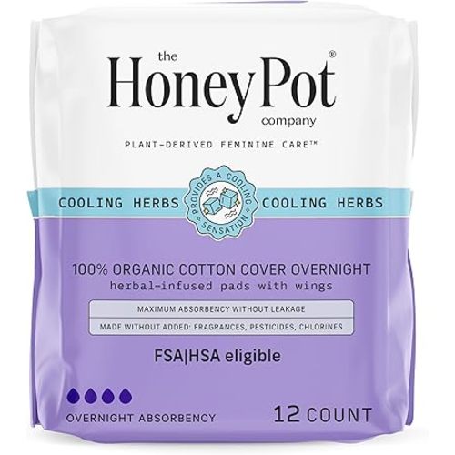 The Honey Pot Company - Herbal Pads for Women - Overnight w/Wings - Infused w/Essential Oils for Cooling Effect & Organic Cotton Cover - Feminine Care - FSA & HSA Eligible - 12 ct
