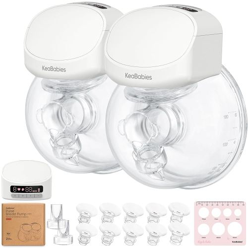 KeaBabies Hands Free Breast Pump Wearable, Portable - With Full Set Soft Silicone Flange Inserts, 3 Modes & 9 Strong Suction Levels, Pulse S10 Pro Quiet Double Electric Breastfeeding Pumps, 2-PK (Zen)