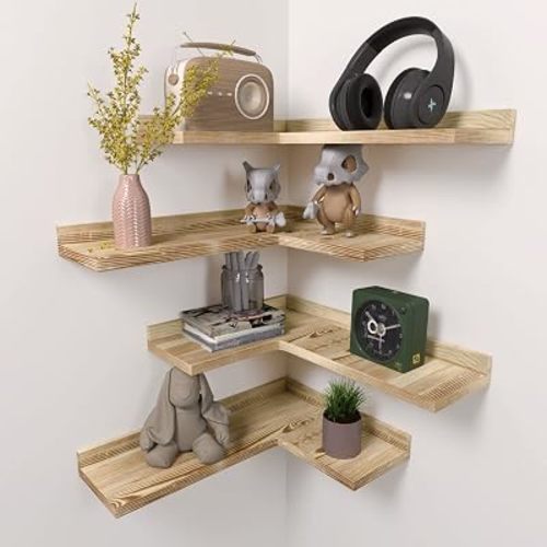 4 Tier Corner Floating Shelves Set of 4, Rustic Pine Wood Corner Shelves for Wall Storage and Decor, L-Shaped Corner Wall Mounted Shelf for Bedroom, Living Room, Bathroom, Kitchen - Carbonized Black
