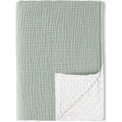 Konssy Baby Blankets for Unisex Boys Girls, Super Soft Nursery Minky Blankets with Muslin Cotton Front and Dotted Fleece Backing, Printed Bed Throws Newborn