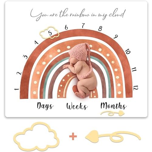 Tegeme Boho Rainbow Monthly Milestone Blanket Rainbow Newborn Boy Girl Unisex Milestone Blanket Muted Baby Monthly Picture Infant Growth Photography Background Nursery Photo Prop 40 x 50 Inch