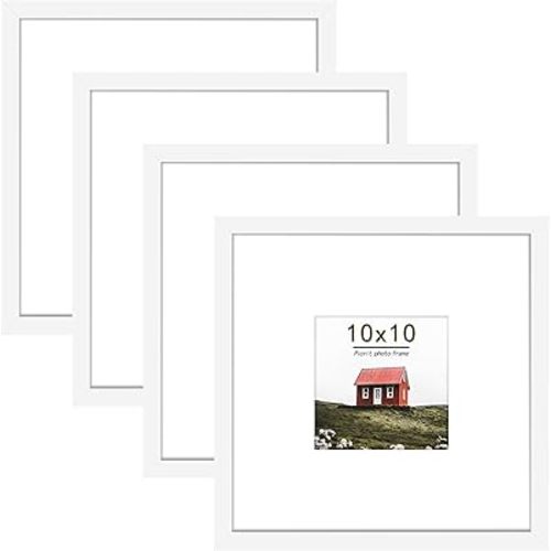 Picrit 10x10 Picture Frame Set of 4, Made of High Definition Real Glass, Display 5x5 with Mat or 10x10 Without Mat, Photo Frames for Wall Mounting Display, White
