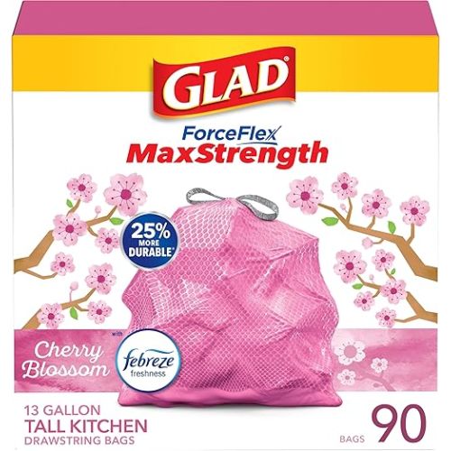 Glad ForceFlex MaxStrength Tall Kitchen Trash Bags, Rip and Tear Resistant, Cherry Blossoms Scented Pink Tall Garbage Bags, Odor Control, Febreze Freshness, 13 Gallon, 90 Count