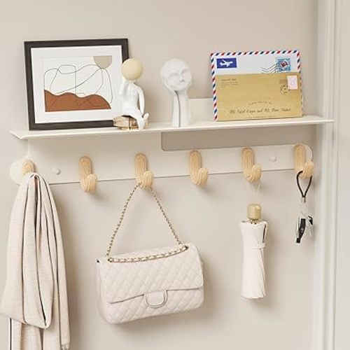 Wall Hooks with 22'' Shelf Coat Rack Wall Mount with 6 Hooks Entryway Hanging Shelf with Storage for Bathroom, Living Room, Bedroom, Modern Floating Wall Shelves with Hooks (Cream White)