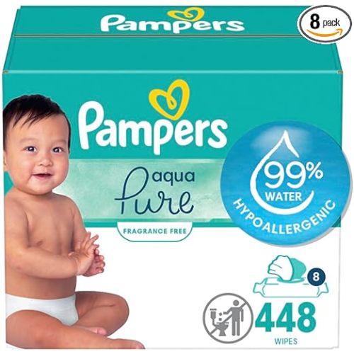 Pampers Baby Wipes Aqua Pure, 99% water-based wipes, Hypoallergenic and Unscented Infant Wipe, 448 Total (8 Flip-Top Packs)
