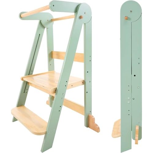 Nordi Foldable Toddler Kitchen Tower, Montessori Kitchen Stools Helper, Standing Tower with 3 Adjustable Heights, Suitable Age for 2-6 Years, Sage