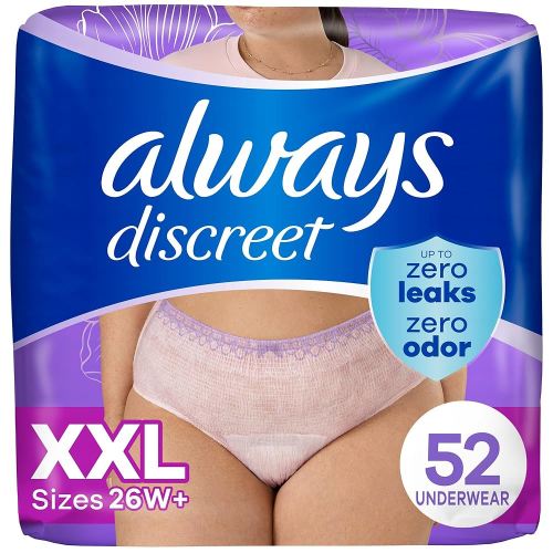 Always Discreet Adult Incontinence Underwear for Women and Postpartum Underwear, XXL, Up to 100% Bladder Leak Protection, 52 Count (Packaging May Vary)