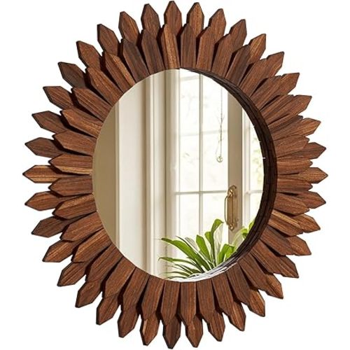 28 Inch Walnut Boho Wall Decor Sunburst Mirror - Round Wooden Wall Decor, Handmade Rustic Circular Mirror for Living Room, Bedroom, Entryway, Office