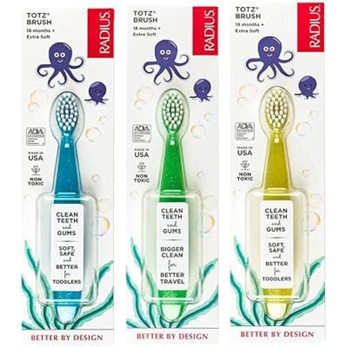 RADIUS Totz Toothbrush Extra Soft Brush BPA Free & ADA Accepted Designed for Delicate Teeth & Gums for Children 18 Months & Up - Green Blue Sparkle - Pack of 3