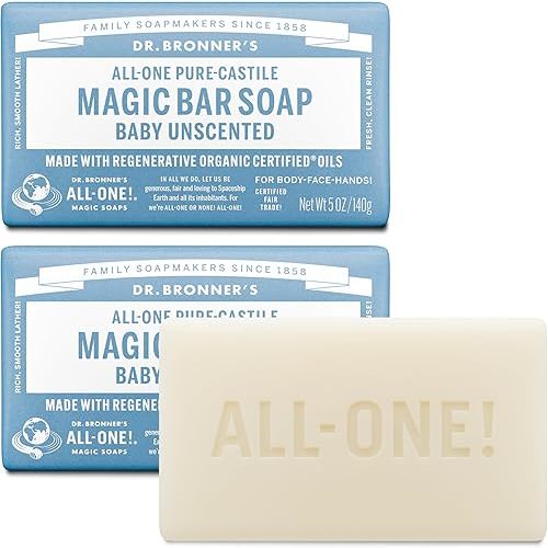 Dr. Bronner’s - Pure-Castile Bar Soap (Baby Unscented, 140g, 2-pack) - Made with Organic Oils, For Face, Body, Hair, Gentle for Sensitive Skin, Babies, No Added Fragrance, Biodegradable, Vegan