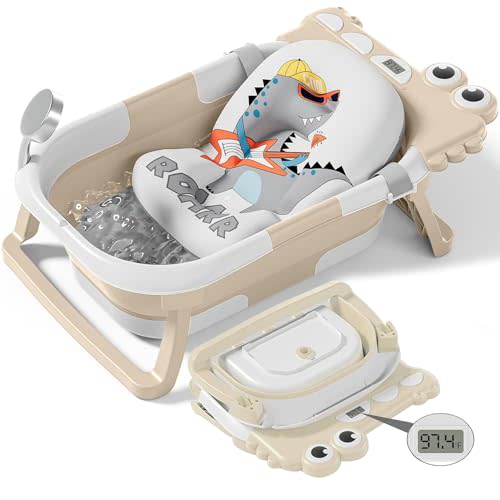 TPN Collapsible Baby Bathtub, Baby Bath Tub with Soft Cushion & Real-Time Thermometer, Baby Bathtub Infant to Toddler Tub (0-36 Months), Portable Travel Baby Tubs for Newborns (Beige)