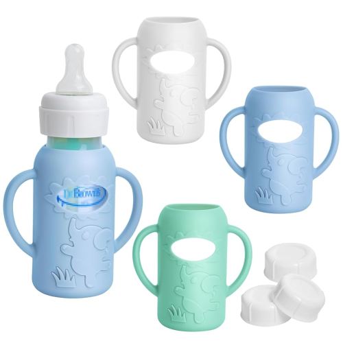 3 Pack Silicone Sleeves for Dr Brown Natural Glass Baby Bottles, Food Grade Anti Breakage Baby Bottle Holder with Handles and 3pcs Travel Bottle Caps (White+Blue+Green, 4oz)