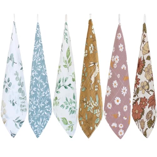 LifeTree Baby Muslin Washcloths, Soft 6 Pack Baby Wash Cloths Unisex for Boys Girls, 70% Viscose from Bamboo and 30% Cotton Bath Face Towels, Bibs for Newborn with Sensitive Skin, 10.2x10.2 inches