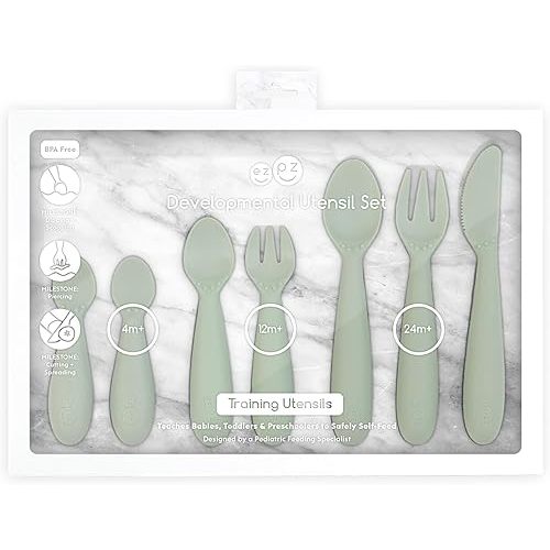ezpz Developmental Utensil Set - 100% BPA Free Fork, Spoon, Knife for Babies, Toddlers and Preschool First Foods + Self-Feeding - Designed by a Pediatric Feeding Specialist (Sage)