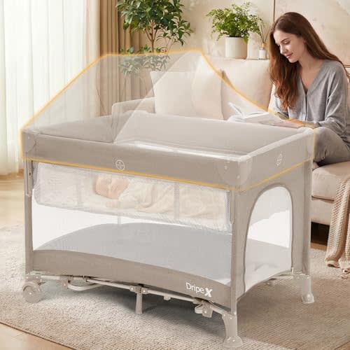 Dripex 5 in 1 Pack n Play Bedside Sleeper, 2-Level Height Baby Crib, Storage Pocket & Breathable Mesh - Foldable Portable Baby Bedside Bassinet for 0 to 12 Months (Travel/Home), Khaki