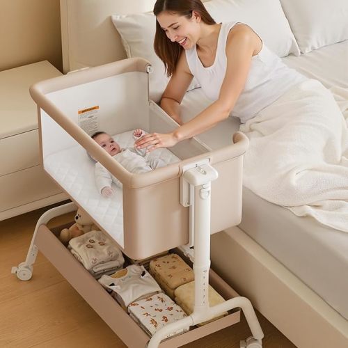 3-in-1 Baby Bassinet, Rocking Bassinet, Bedside Bassinet for Baby, Stable and Secure Bassinet Bedside Sleeper for Newborn & Infant, 6 Height Adjustable with Wheels, Mattress & Breathable Mesh (Khaki) | Rocking bassinet, 6 Adjustable Heights, Comfy Mattres