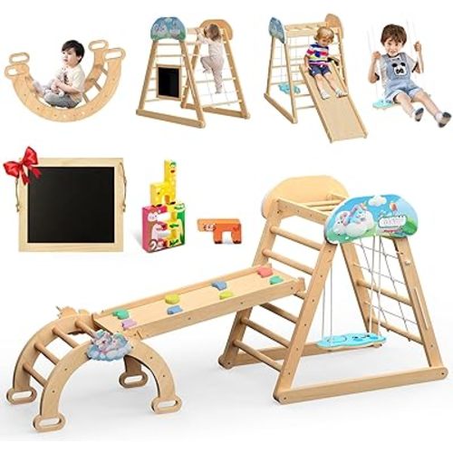 Pikler Triangle Set, 10 in 1 Wooden Climbing Toys for Toddlers, Montessori Indoor Climbing Ladder Gym with Slides, Climbing/Net, Arch Swing