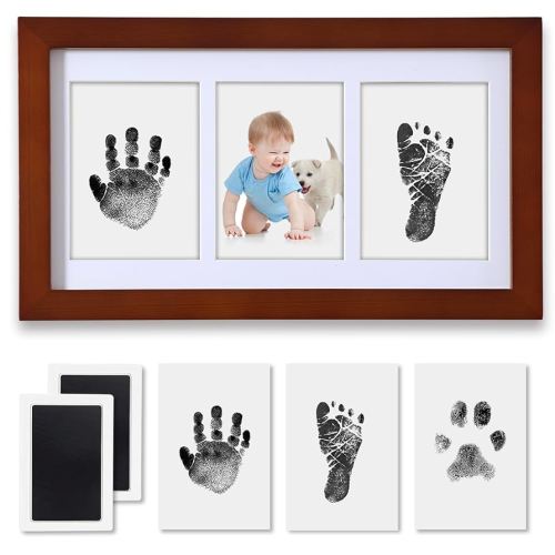 Hand and Footprint Kit,Inkless Handprint Kit with 2 Safe Clean-Touch Ink Pads and a Wooden Picture Frame, Gifts for New Parents, Shower-Walnut