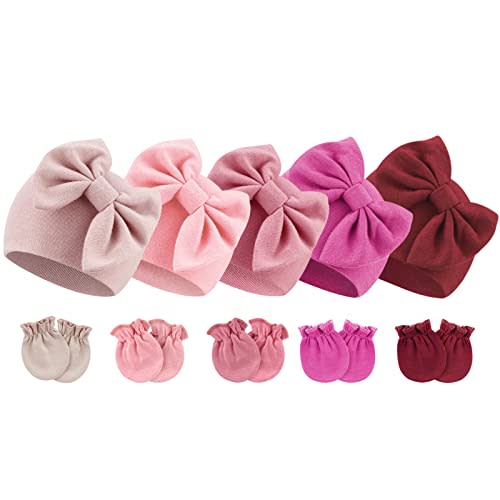 BQUBO Newborn Baby Girls Hats Mittens Set Hospital Hat Beanie Infant Bow Hats Baby Cotton Gloves for 0-6 Months