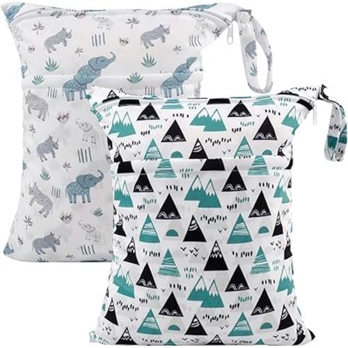ALVABABY 2pcs Cloth Diaper Wet Dry Bags Waterproof Reusable with Two Zippered Pockets Travel Beach Pool Daycare Soiled Baby Items Yoga Gym Bag for Swimsuits or Wet Clothes LZD2526A