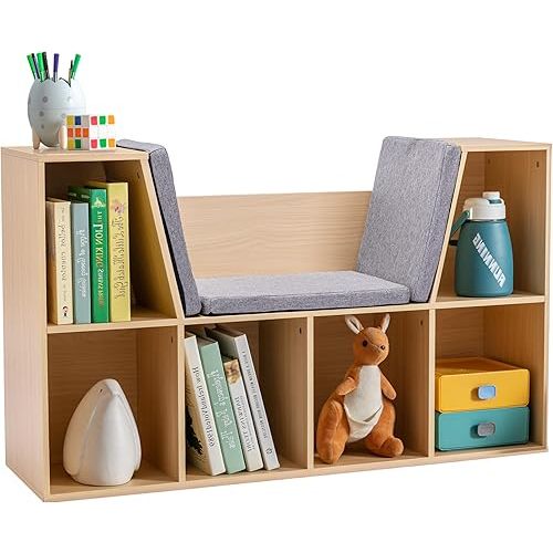 HOMCOM 6-Cubby Kids Bookcase with Reading Nook and Cushion, Multi-Purpose Storage Organizer for Bedroom, Living Room, Natural