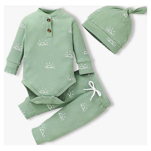 PatPat Newborn Baby Pajamas Boy Girl Clothes Cotton Ribbed Long Sleeve Romper and Pants Outfit Sets, 6-9 Months