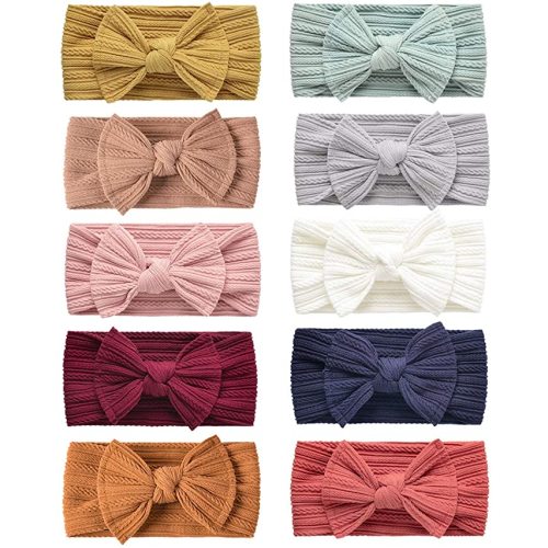 Handmade Baby Headbands Stretchy Nylon Headband with Bows for Infant Baby Toddler Girls- Pack of 10