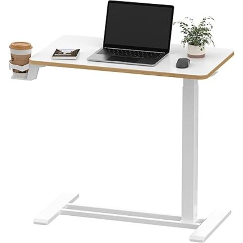 SANODESK Medical Adjustable Overbed Bedside Table with Hidden Casters, Pneumatic Mobile Laptop Computer Standing Desk Cart with Tray, Hospital and Home Use(27.6" W x 15.7" D, White)