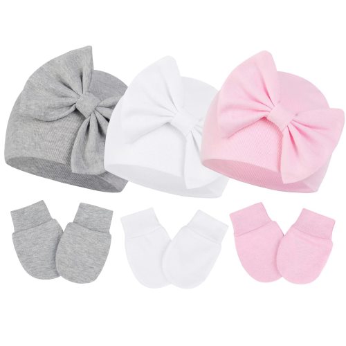 Zando 3Pcs Infant Hat and Gloves Set Soft Newborn Hats for Girls Knit Baby Hats with Bow No Scratch Mittens 0-3 Months