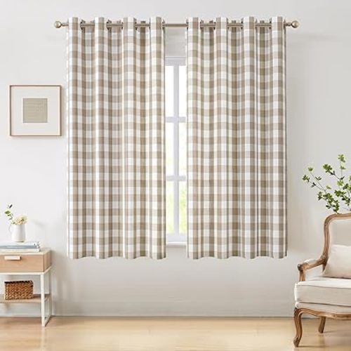 Amzdecor Buffalo Plaid Grommet Curtains 63 Inch Length, Semi-Sheer Check Textured Curtains Drapery for Living Room Bedroom Farmhouse,2 Panels （52" x 63",Beige/Tan & White）