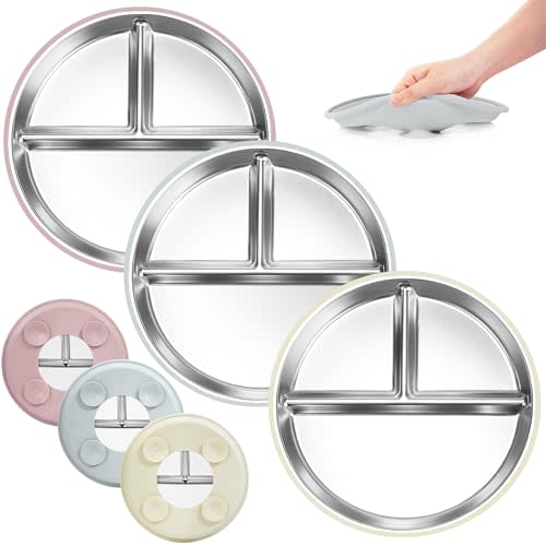 Bella's Friends Stainless Steel Baby Plates with Suction 3 Pack, 9” Divided Toddler Plates with Removable Silicone Sleeves for Mess-Free Feeding, Non-Toxic, Non-Slip, Dishwasher Safe, Gray,White,Pink