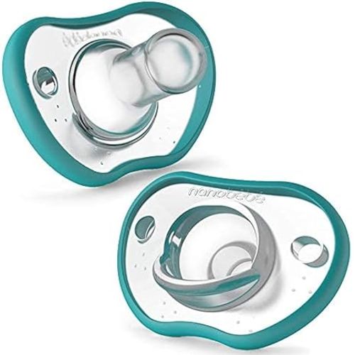 Nanobebe Baby Pacifiers 0-3 Month - Orthodontic, Curves Comfortably with Face Contour, Award Winning for Breastfeeding Babies, 100% Silicone - BPA Free. Perfect Baby Registry Gift 2pk,Teal - 2 Count (Pack of 1) - 0-3 Months Teal