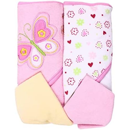 Spasilk Bath Hooded Towels & Washcloths Set for Babies, 2 Hooded Terry Bath Towels & 2 Washcloths, Pink Butterfly